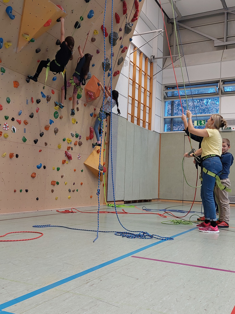 20 Kinder der Grundschule Scheidterstraße haben die Möglichkeit mit 2 klettererfahrenen und ausgebildeten (DAV-Kletterschein)
                      Lehrkräften, regelmäßig klettern zu gehen.